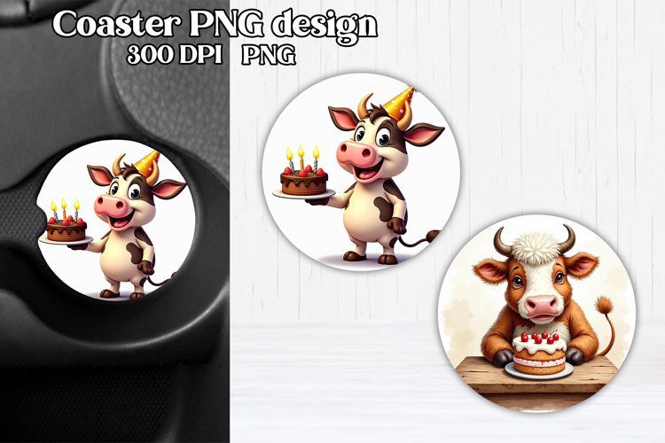 Cute cow car coaster | Farm animal round coaster PNG