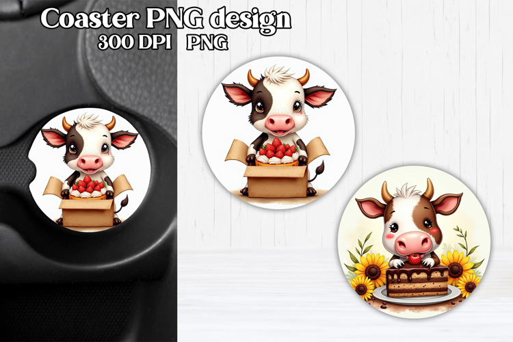 Cute cow car coaster | Farm animal round coaster PNG