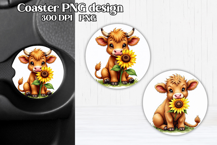Cute cow car coaster | Farm animal round coaster PNG