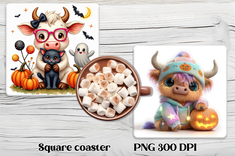 Cute Halloween cow pumpkin square coaster sublimation design