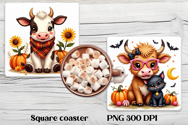 Cute Halloween cow pumpkin square coaster sublimation design