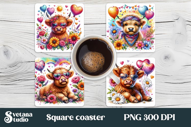 Highland cow flower square coaster sublimation