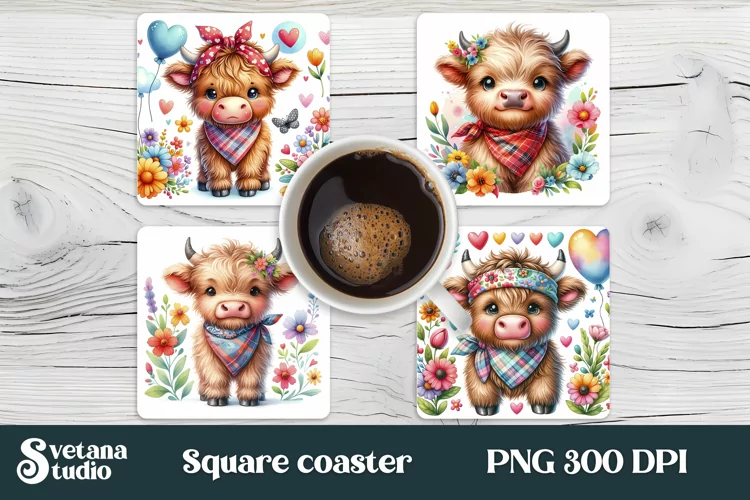 Baby highland cow flower square coaster sublimation