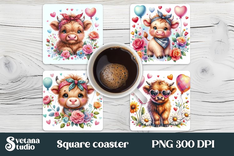 Baby cow flower square coaster sublimation design PNG