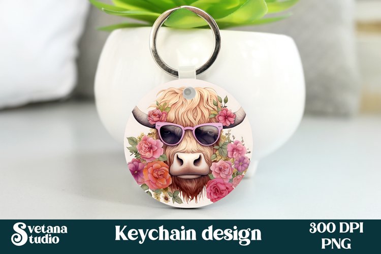 Highland cow flower keychain sublimation design