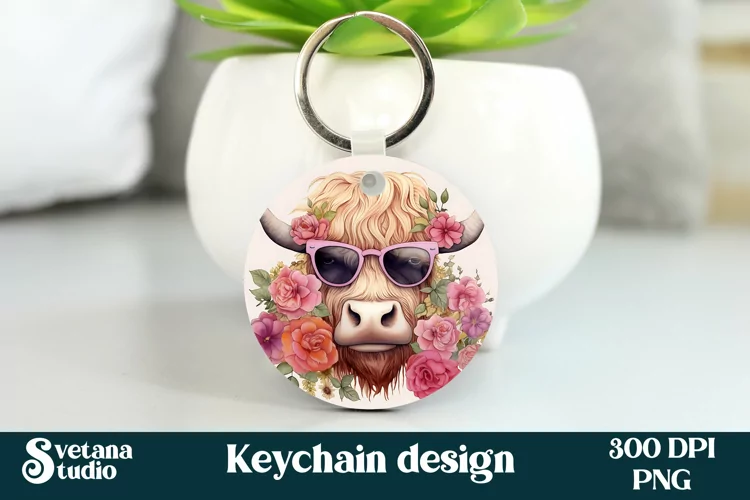 Highland cow flower keychain sublimation design