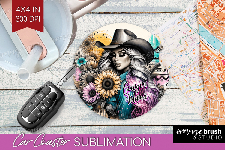 Cowgirl Car Coaster - Country Girl Coaster PNG Sublimation