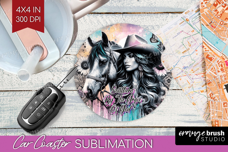 Cowgirl Car Coaster - Country Girl Coaster PNG Sublimation