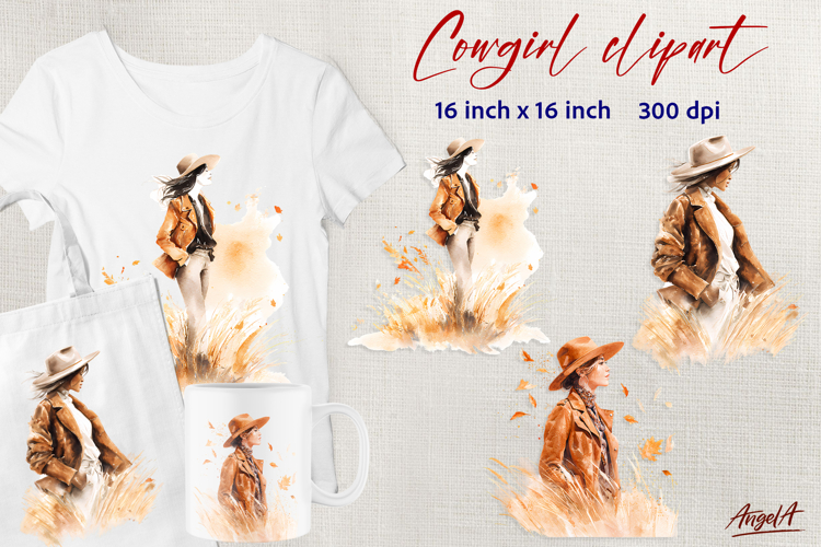 Autumn Cowgirl clipart Watercolor T-shirt sublimation PNG