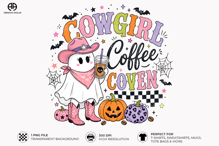 Cowgirl Coffee Coven Clipart PNG - Retro Halloween Design
