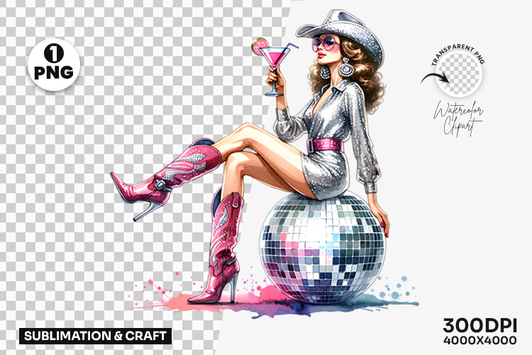 Cowgirl Disco Ball with Silver Boots PNG Sublimation Design