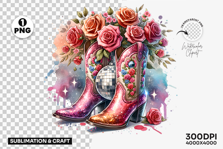 Cowgirl Floral Boots with Roses Clipart Sublimation PNG