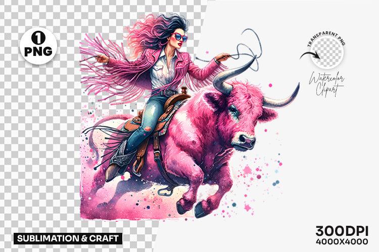 Cowgirl Rodeo Bull Ride Pink Western Clipart Sublimation PNG