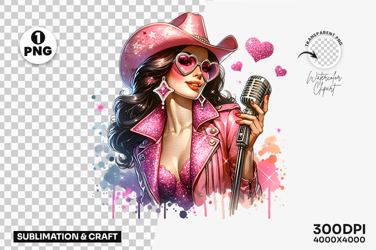 cowgirl singer png, pink hat cowgirl clipart, western music sublimation design, cowgirl microphone png file, girly country singer clipart, rodeo cowgirl sublimation png, cowgirl singer printable art, trendy western cowgirl png, cowgirl music t shirt desig