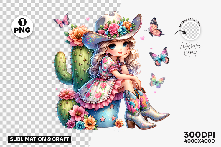 Cowgirl with Cactus and Butterflies PNG Sublimation Design