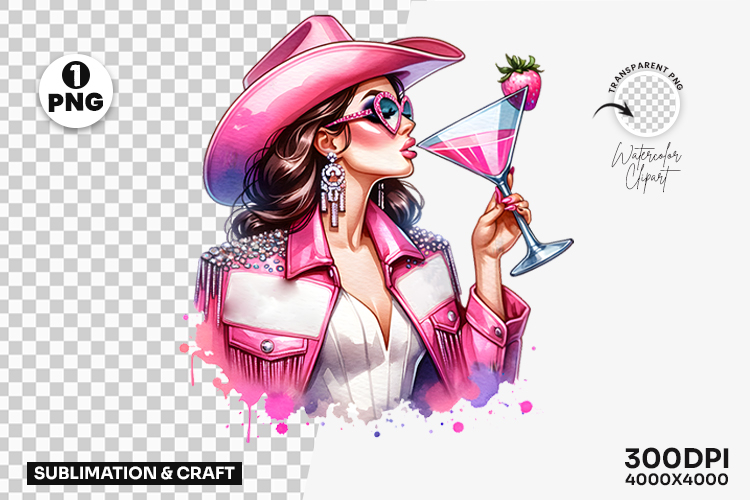 Cowgirl with Drink Glass Pink Hat PNG Sublimation Design