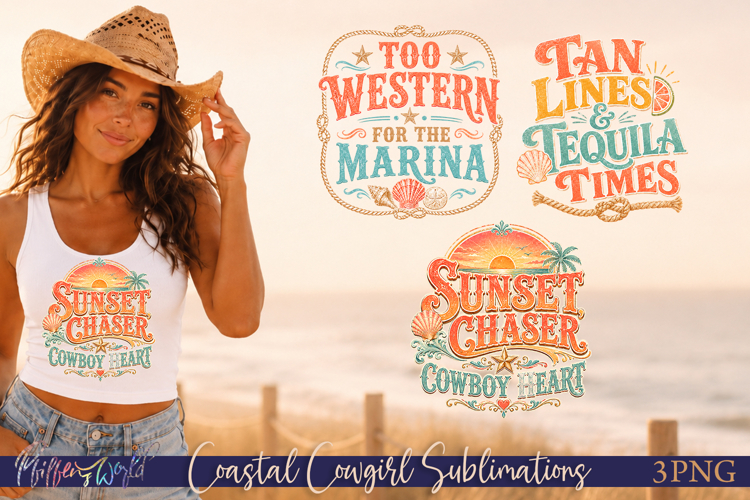 Coastal Cowgirl Sublimation Designs | Retro Beach Cowgirl