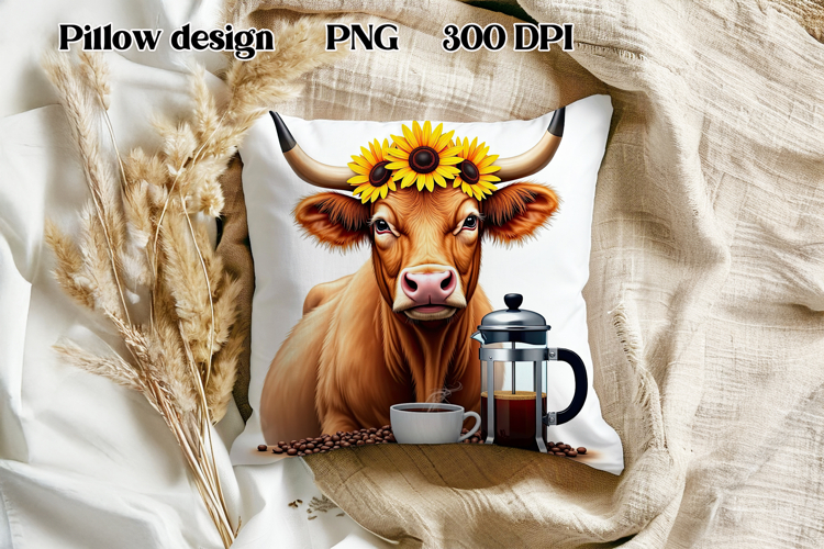 Cute highland cow sunflower pillow |Farm animal pillow PNG