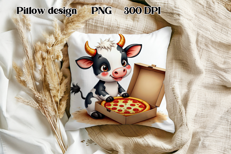 Cute highland cow pizza pillow | Farm animal pillow PNG