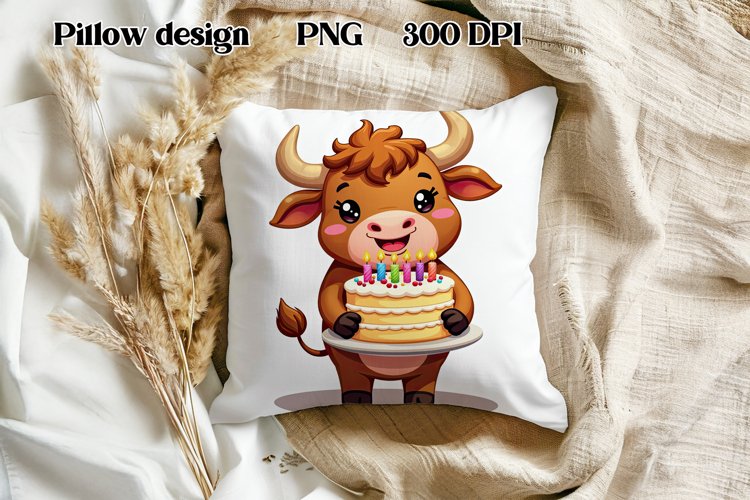 Cute highland cow cake pillow | Farm animal pillow PNG