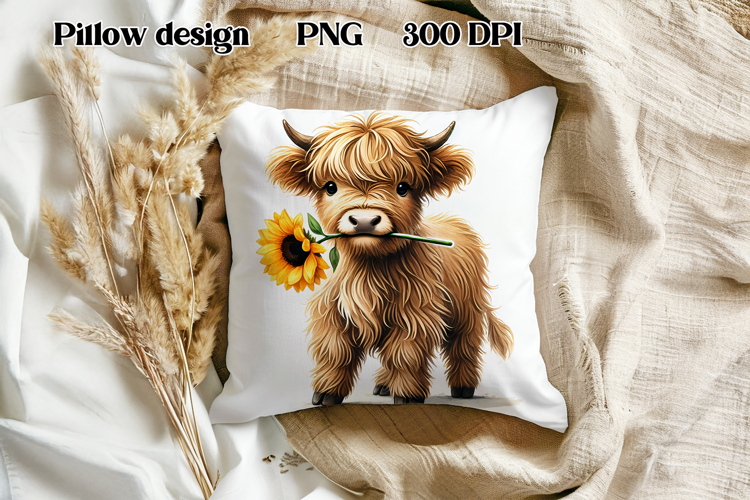 Cute highland cow sunflower pillow | Farm animal pillow PNG