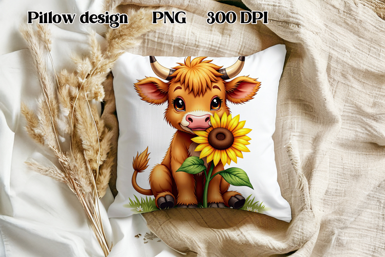 Cute highland cow sunflower pillow | Farm animal pillow PNG