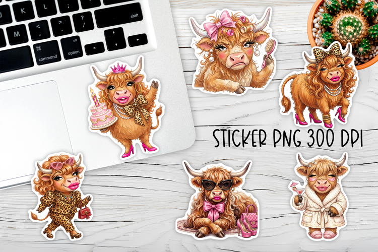 Funny Highland Cow Girl Stickers PNG Printable