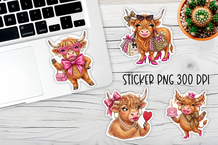 Glam Highland Cow Stickers PNG | Fashion Cow Girls