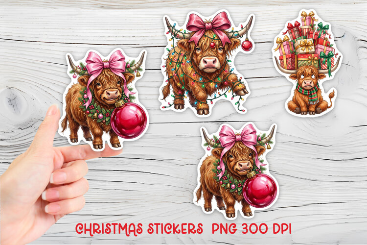 Funny Christmas Highland Cow Stickers | Cow PNG example image 1