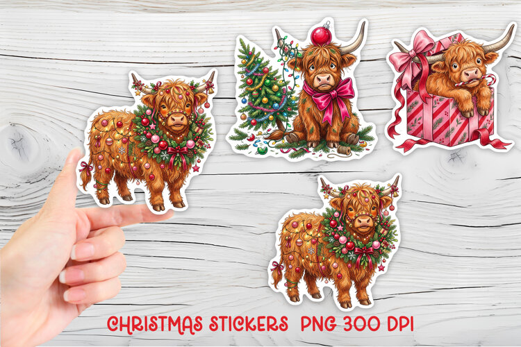 Christmas Highland Cow Stickers | Cute Cow PNG example image 1