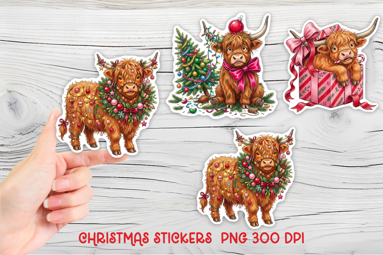 Christmas Highland Cow Stickers | Cute Cow PNG