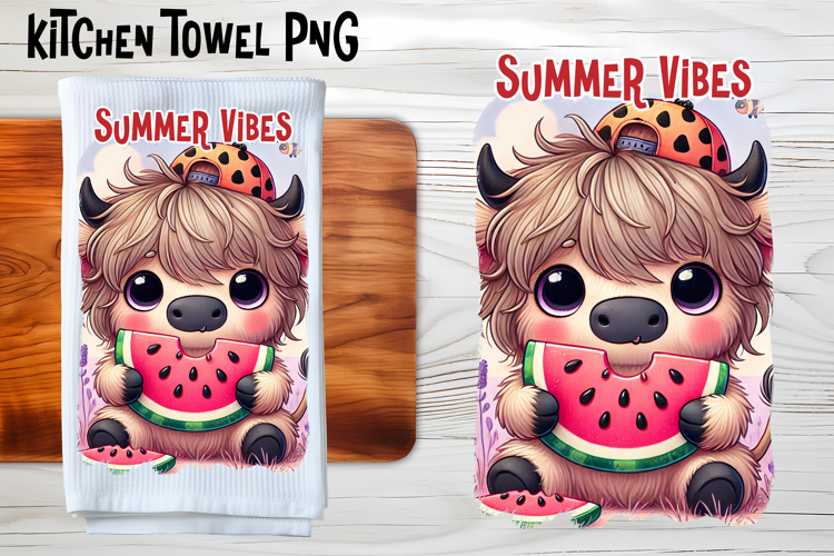 Cute highland cow with watermelon kitchen towel PNG design example image 1