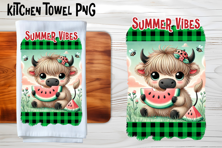 Cute highland cow with watermelon kitchen towel PNG design example image 1