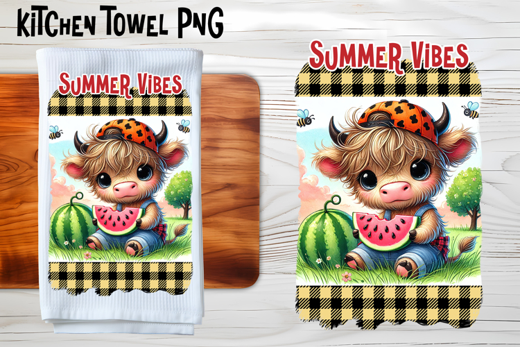 Cute highland cow with watermelon kitchen towel PNG design example image 1