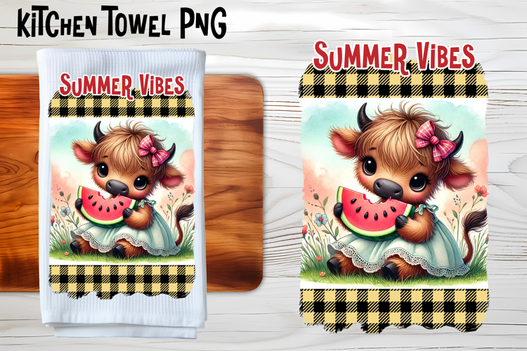 Cute highland cow with watermelon kitchen towel PNG design example image 1