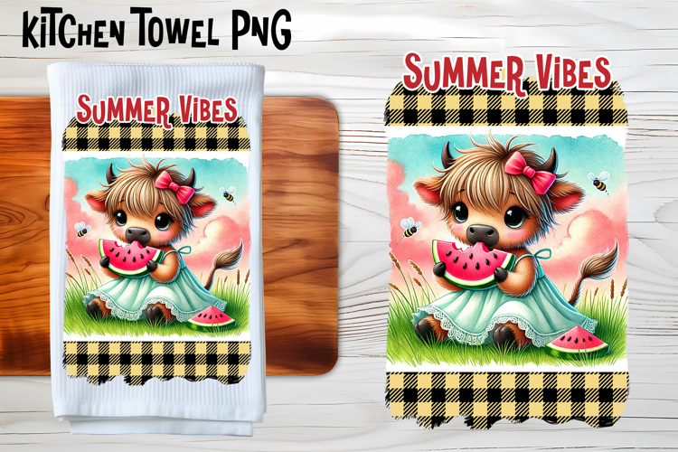 Cute highland cow with watermelon kitchen towel PNG design example image 1