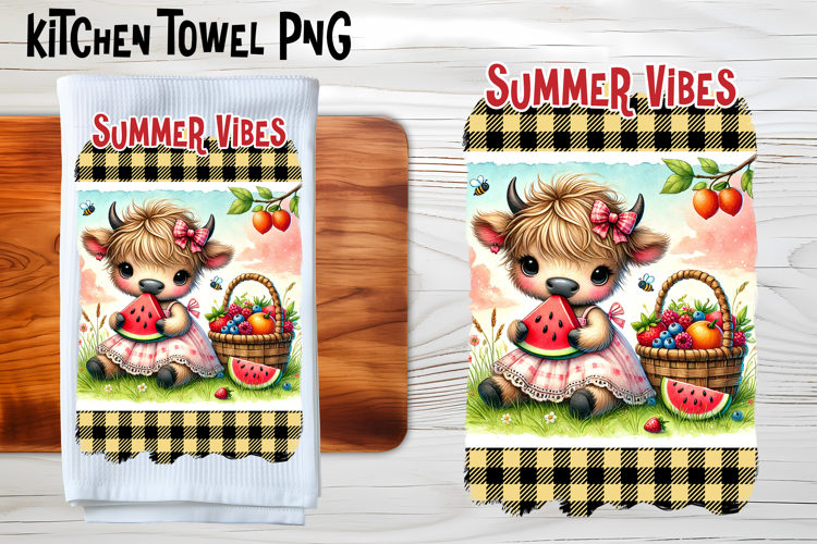 Cute highland cow with watermelon kitchen towel PNG design example image 1