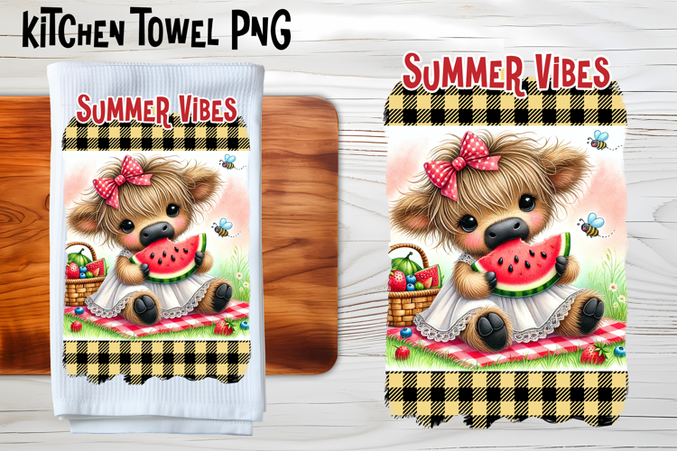 Cute highland cow with watermelon kitchen towel PNG design example image 1