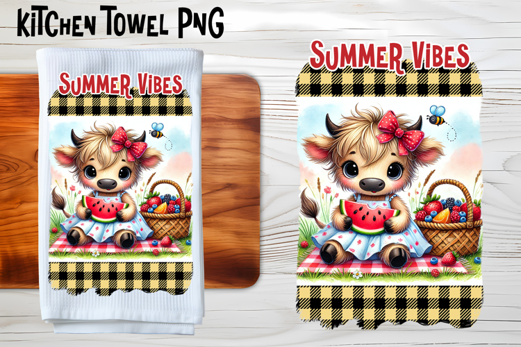 Cute highland cow with watermelon kitchen towel PNG design example image 1