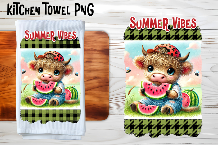 Cute highland cow with watermelon kitchen towel PNG design example image 1
