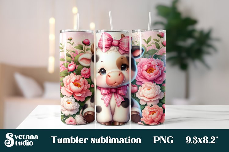 Baby cow peony tumbler wrap 20 Oz sublimation design example image 1