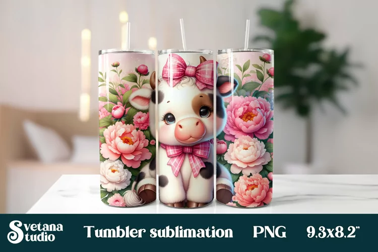 Baby cow peony tumbler wrap 20 Oz sublimation design