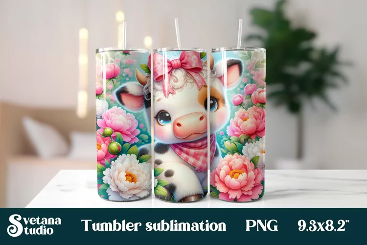 Baby cow peony tumbler wrap sublimation design