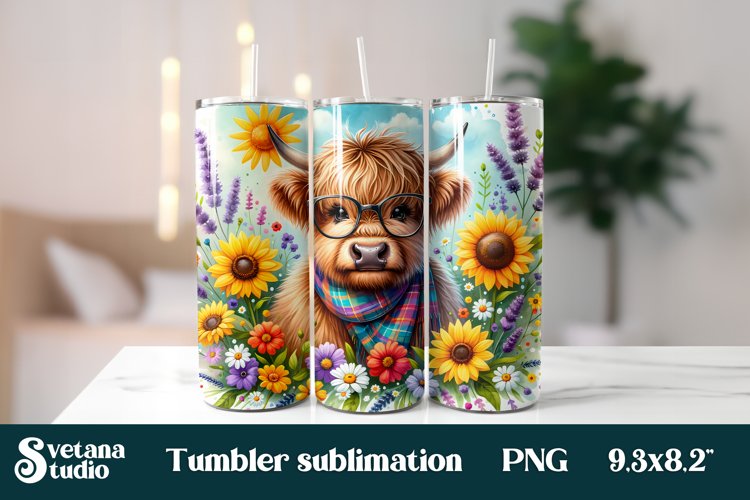 Highland cow flower tumbler wrap 20 Oz sublimation design