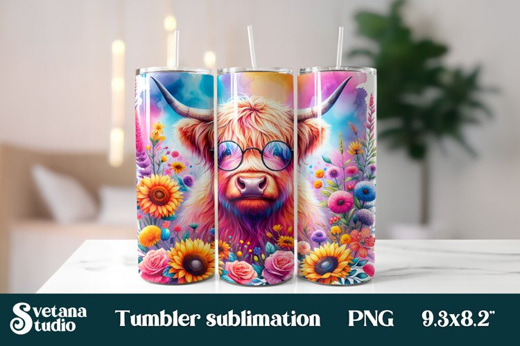 Highland cow flower tumbler wrap 20 Oz sublimation