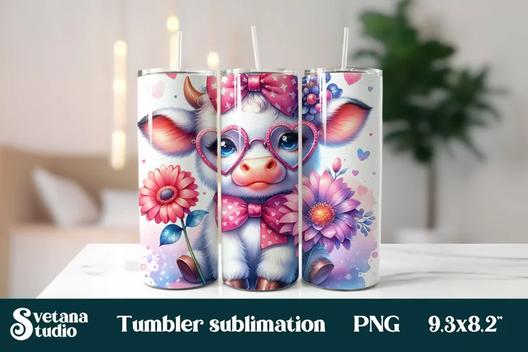 Baby cow glasses flower tumbler wrap sublimation design