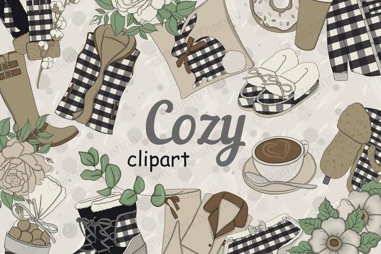 Cozy autumn clothing accessories with a print of a black and white buffalo plaid, a lumberjack vest, a pillow with a rabbit silhouette, a cup of coffee on a saucer with a spoon, high leather boots, a hat with earflaps, a cotton branch, pajamas