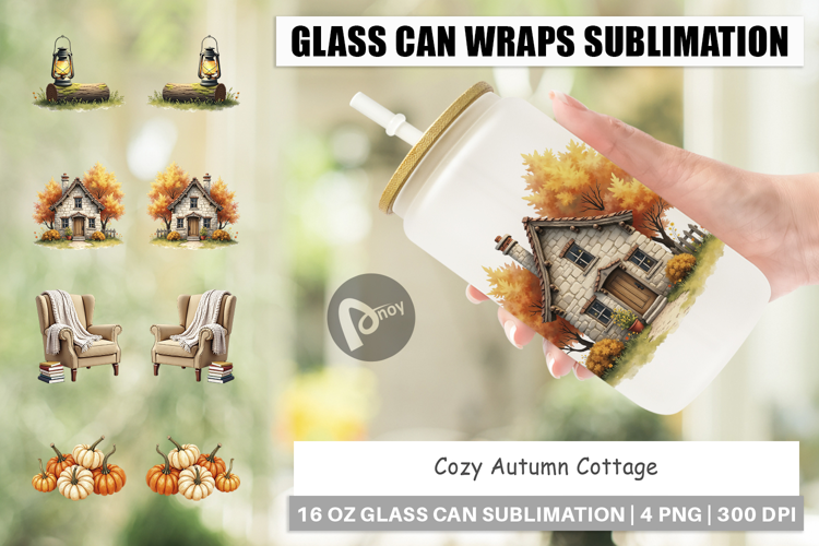 Cozy Autumn Cottage Glass Can