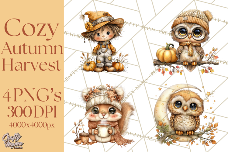 Cozy Autumn Harvest Animals and Props, Fall Clipart, PNG