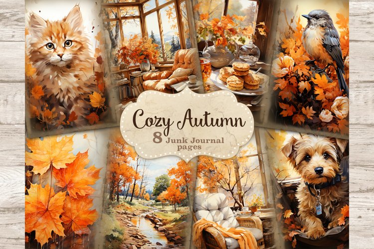 Cozy Autumn Junk Journal. Red cat in autumn foliage. Cozy autumn room with a sofa. Tea with cookies and flowers in a vase. Bird in autumn colors. Autumn maple leaves. Autumn river in the forest. Cute dog on an armchair Cozy autumn armchair